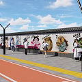 Outdoor Cartoon Graffiti Feature Wall With Bench Pink Flower Bushes Street Lamps And People