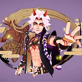 White Haired Red Horned Character With Mythical Creature And Glowing Cloud Motifs