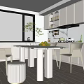 Modern Restaurant Interior Featuring Open Kitchen White Cabinets Dining Table Chairs Large Windows Green Views 3d model