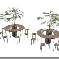 Minimalist Indoor Space With Round Table And Stool Sets Accompanied By Potted Trees 3d model
