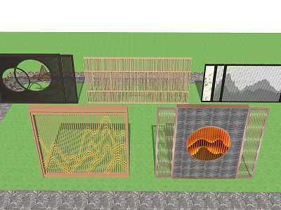 Modern Decorative Room Dividers With Wooden Metal Frames And Geometric Patterns 3d model