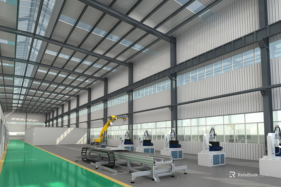 Industrial Equipment In Modern Steel Structure Workshop With Robotic Arm Conveyor Belt And Large Windows 3d model 