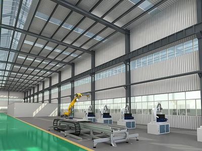 Industrial Equipment In Modern Steel Structure Workshop With Robotic Arm Conveyor Belt And Large Windows 3d model