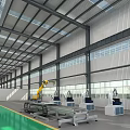 Industrial Equipment In Modern Steel Structure Workshop With Robotic Arm Conveyor Belt And Large Windows
