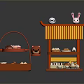 Red Toy Food Stall With Panda Rabbit Decorations And Bread Fruits Cakes In Basket