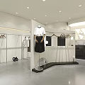 Modern Clothing Store Interior With White Sofa Geometric Rug Clothes Racks And Mirrors