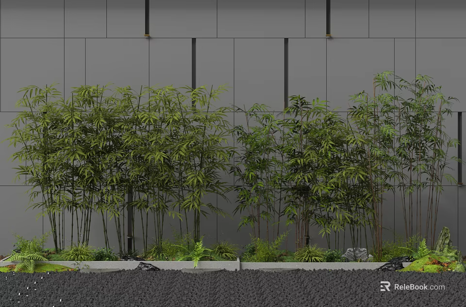 Lush Bamboo Plants Against Gray Wall With Small Plants Stones And Black Pebble Path 3d model 