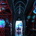 Futuristic Bar With Neon Red Lighting Round Bar Counter Hi tech Decor And Reflective Floor