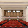 Spacious Auditorium Interior With Red Seats Two Levels And Wooden Walls