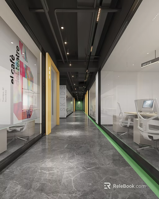 Modern Public Office Space With Glass Partitions Desks And Colorful Wall Decor 3d model 