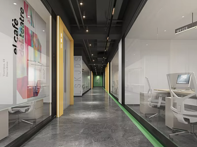 Modern Public Office Space With Glass Partitions Desks And Colorful Wall Decor 3d model