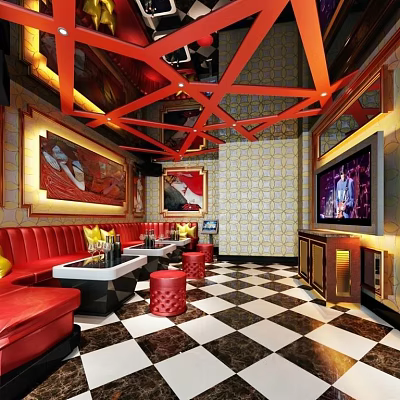Modern KTV Interior Design with Red Sofas Black White Checkered Floor TV Screen Decorative Paintings 3d model