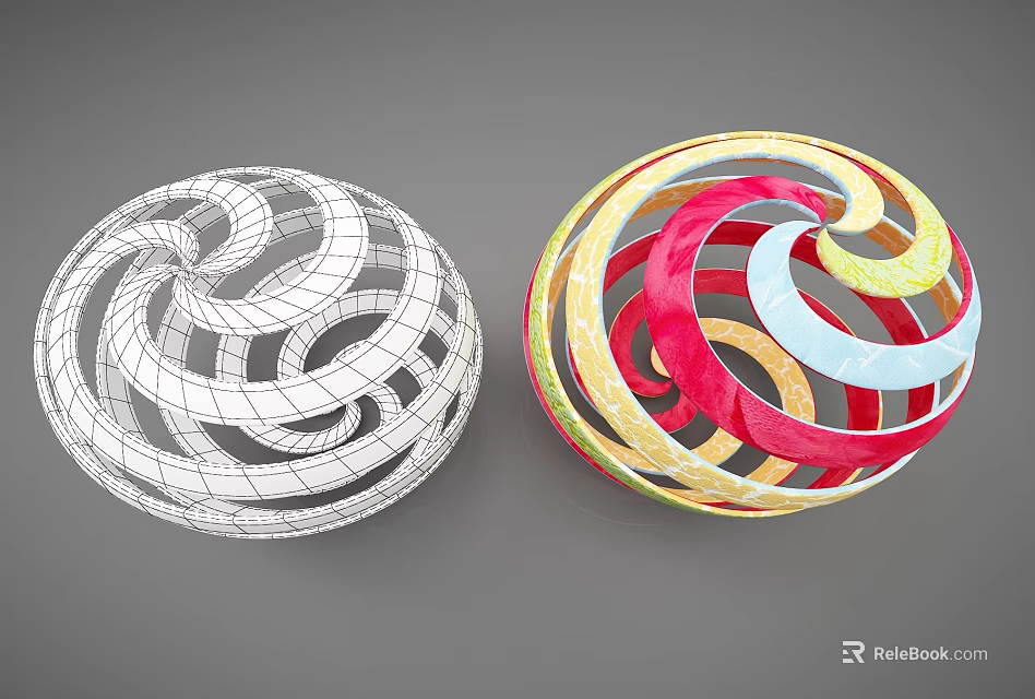 Decorative Ornament Set with Spherical Black White Wireframe and Colorful Spiral Designs 3d model 