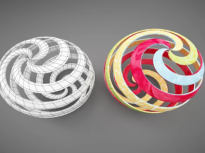 Decorative Ornament Set with Spherical Black White Wireframe and Colorful Spiral Designs 3d model