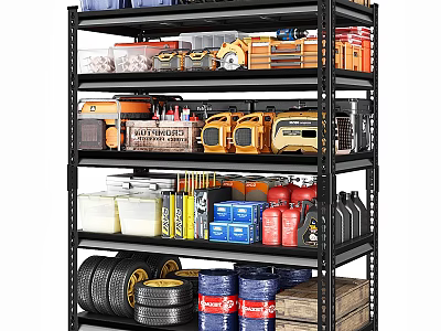 Multi tiered Storage Shelf with Tools Storage Bins Tires Oil Drums and Boxes 3d model