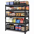 Multi tiered Storage Shelf with Tools Storage Bins Tires Oil Drums and Boxes