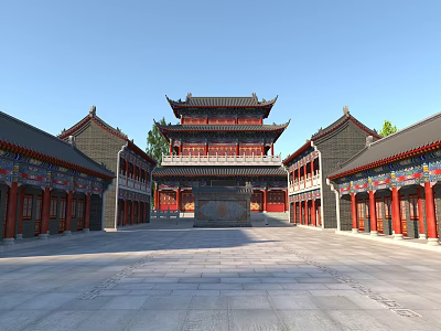 Traditional Ancient Chinese Architecture Courtyard With Multi Story Pavilion Red Pillars And Overhanging Eaves 3d model