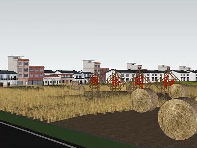 Rural Wheat Field Landscape With Round Hay Bales And Distant Red Brick White Buildings 3d model