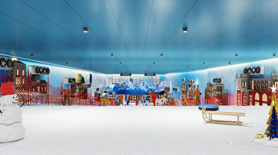 Indoor Snow Ice Skating Rink Fitness Activity With People Mountain Backdrop And Benches 3d model 