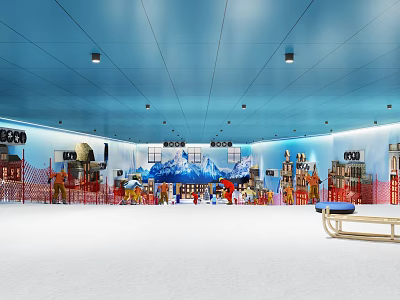 Indoor Snow Ice Skating Rink Fitness Activity With People Mountain Backdrop And Benches 3d model