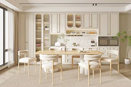 French Cream Style Home Restaurant Solid Wood Dining Table and Chair Combination Fabric Backrest Dining Chair Kitchen Glass Cabinet Wine Cabinet 3d model