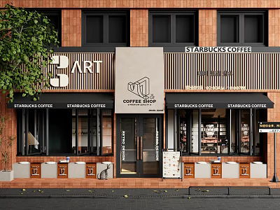 Modern Commercial Storefronts With Red Brick Walls Black Windows Coffee Shop And Art Studio 3d model
