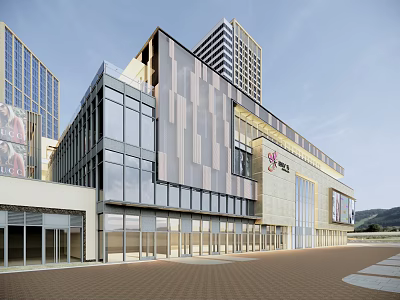 Modern Multi Storey Commercial Street With Glass Curtain Walls And Retail Plaza 3d model
