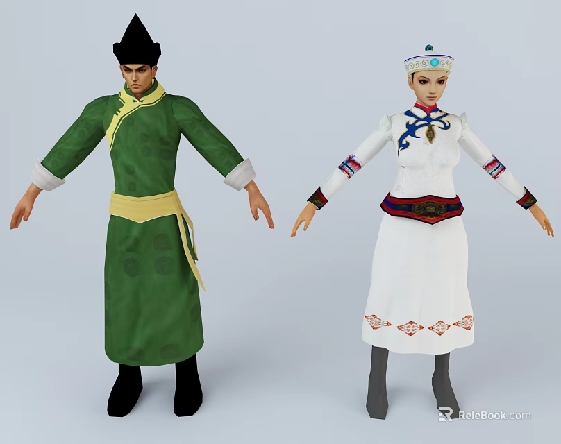 Game Movie Characters in Traditional Green Robe Yellow Sash and White Gown with Blue Embroidery 3d model 