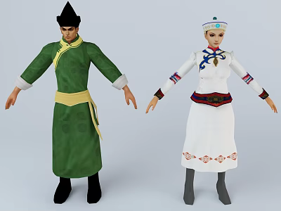 Game Movie Characters in Traditional Green Robe Yellow Sash and White Gown with Blue Embroidery 3d model