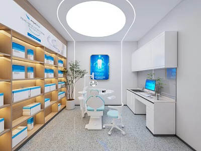 Dental Clinic Interior With Dental Chair Display Shelves And Medical Equipment 3d model
