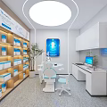 Dental Clinic Interior With Dental Chair Display Shelves And Medical Equipment
