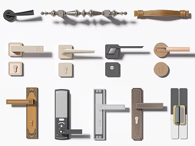 Different Types Of Door Handles With Lever Knob Designs And Metal Wooden Materials 3d model