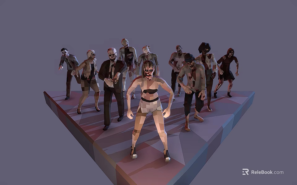 Female Character Standing Among Diverse Pose Zombies On Platform 3d model 