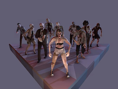 Female Character Standing Among Diverse Pose Zombies On Platform 3d model