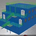 Blue Container Building with Multi Level Structure Green Railings and Stairs 3d model