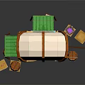 Cartoon Covered Wagon In A Scene With Barrels Crates And Supplies