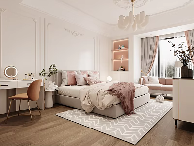 Cozy Kids Bedroom With Wooden Desk Chair Soft Rug And Decorative Curtains 3d model