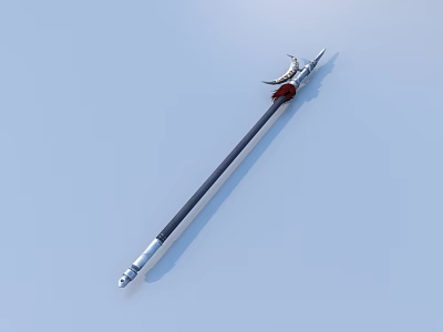 3D Spear Model with Metal Spearhead Red Decoration Black Silver Shaft and Light Blue Background 3d model