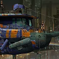 Cyberpunk Console Game Store With Colorful Graffiti Boat And High Rise City Characters