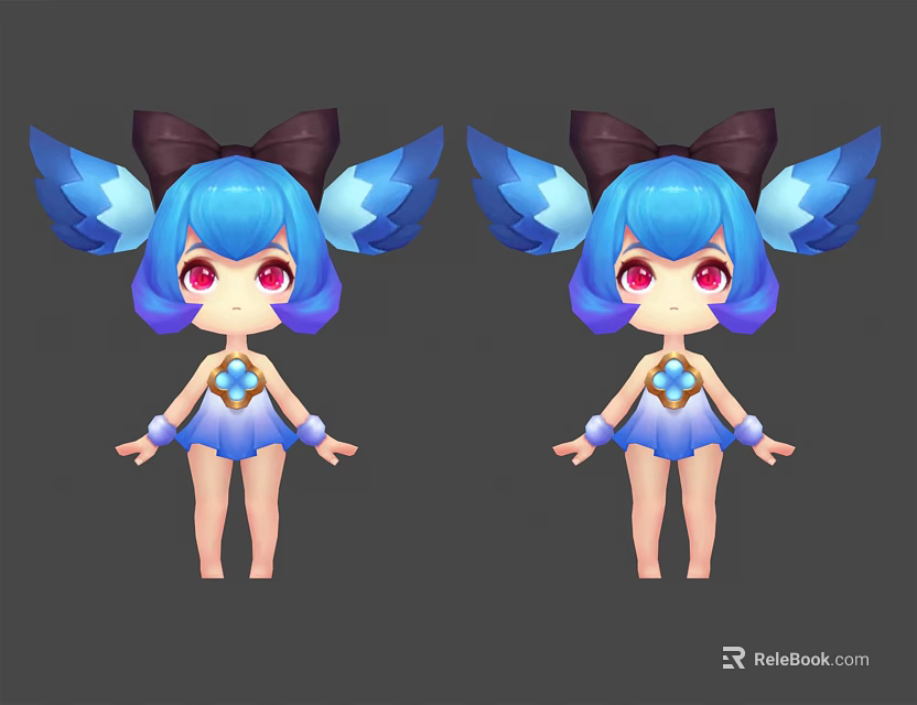 Cute Game Movie Character With Blue Hair Blue Wings And Gemstone Decoration 3d model 