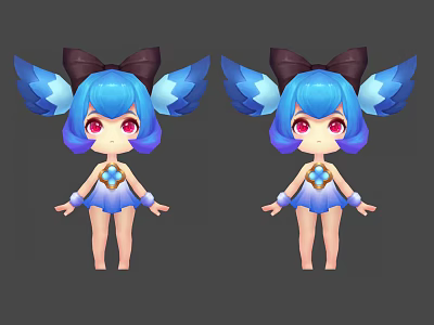 Cute Game Movie Character With Blue Hair Blue Wings And Gemstone Decoration 3d model