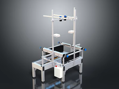 Industrial Automated Production Conveyor System With Aluminum Frame Overhead Structure And Control Box 3d model