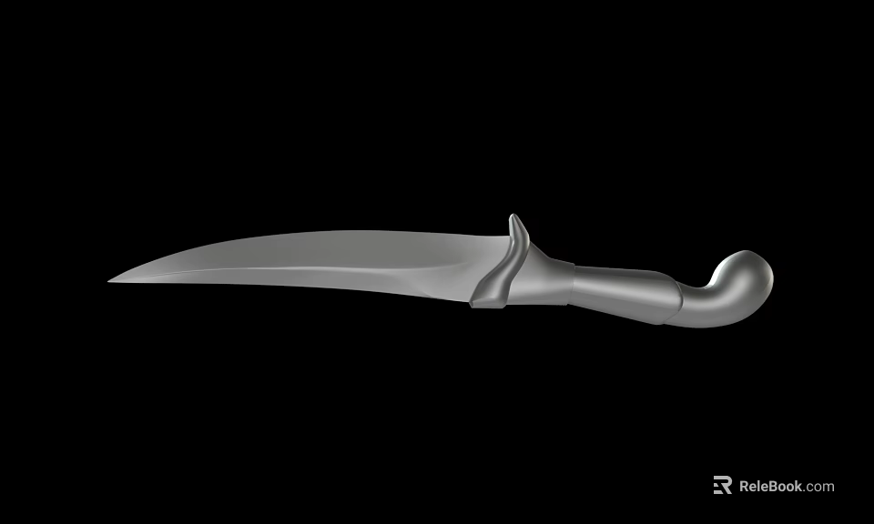 Metallic Single Edged Weapon Knife With Curved Handle And Sharp Blade On Black Background 3d model 