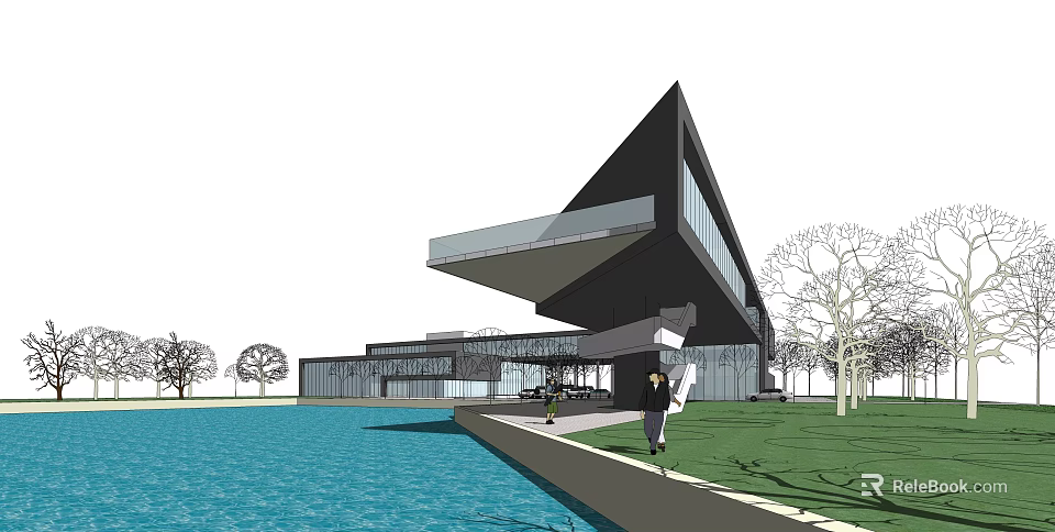 Modern Cultural Center Building With Unique Geometric Design Waterfront Lawn And Trees 3d model 