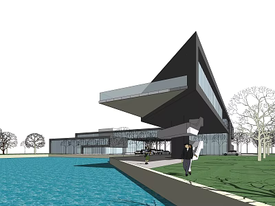 Modern Cultural Center Building With Unique Geometric Design Waterfront Lawn And Trees 3d model