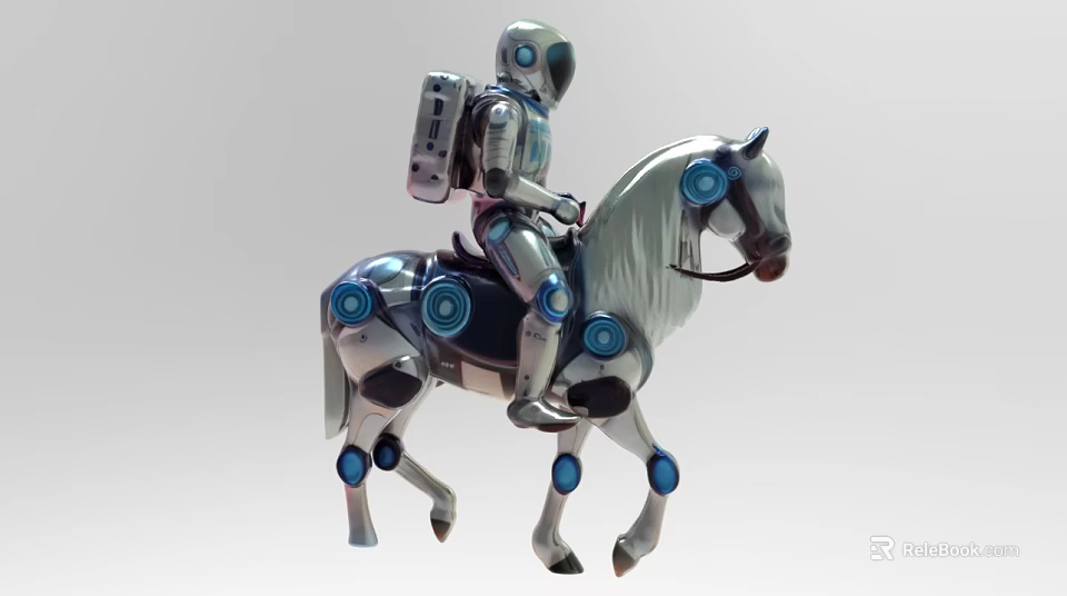 Silver Robot Riding Horse Decorative Ornament Set With Blue Circular Accents 3d model 