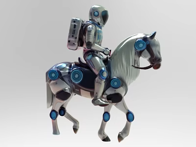 Silver Robot Riding Horse Decorative Ornament Set With Blue Circular Accents 3d model