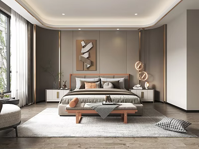 Modern Bedroom Interior Design With Bed Bench Nightstands Decorative Art And Pendant Lights 3d model