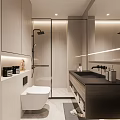 Modern Bathroom Interior With Glass Shower Wooden Vanity Marble Countertop And Strip Lighting
