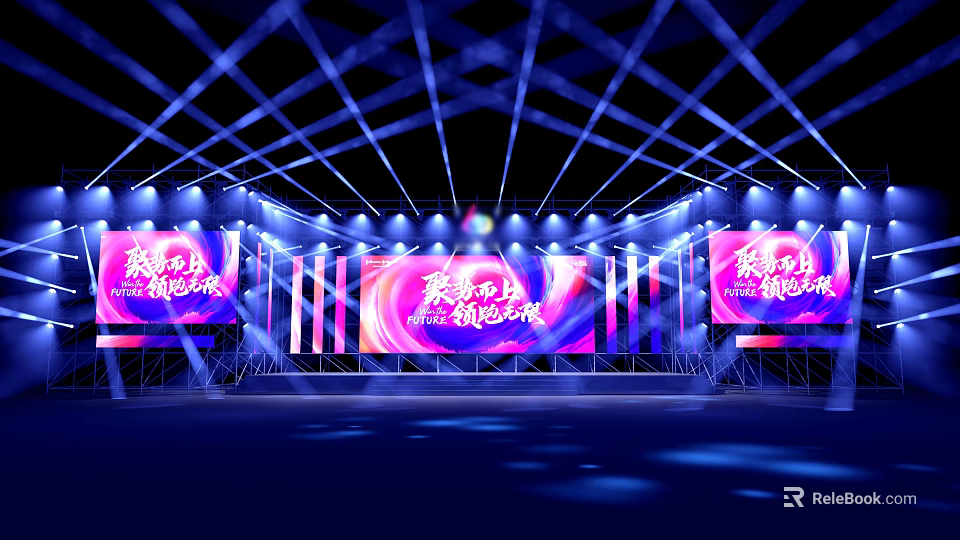 Modern Stage Event Setup With Purple Blue Lighting And Large LED Screens Design 3d model 